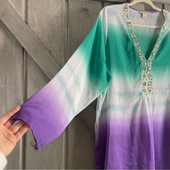 Laura Ashley Women’s Gradient Aqua white purple‎ swim coverup Size 2X sheer - Picture 3 of 6